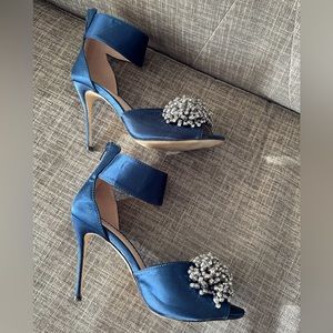 Saphhire blue satin shoes. Crystal embellishment on the toe, something blue